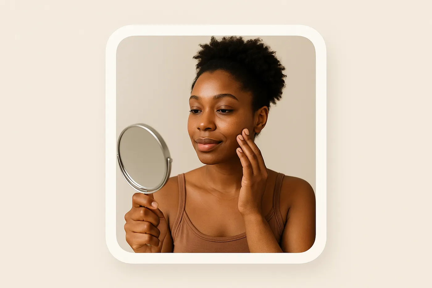 African woman touching clear cheek while learning how to fade acne dark marks