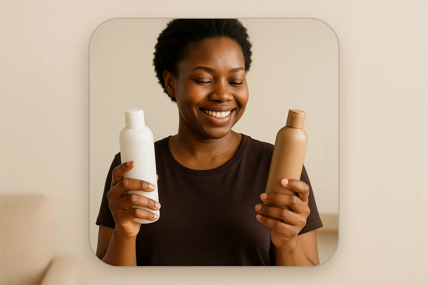 African woman comparing budget-friendly skincare products for fading dark marks