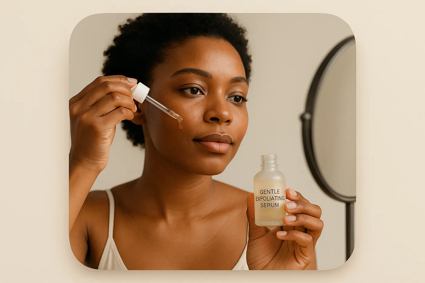 African woman applying a gentle exfoliant while caring for dark marks