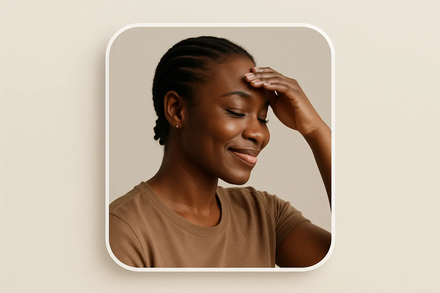 African woman examining hormonal pigmentation on her cheek in natural light