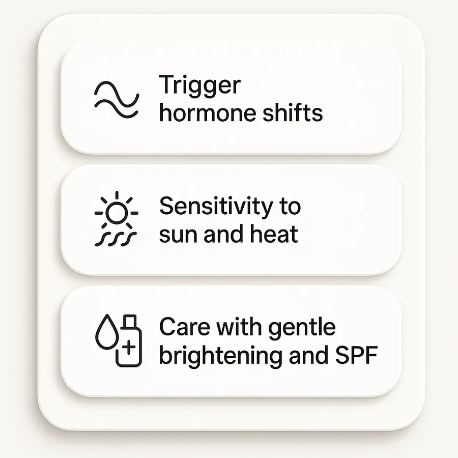 Infographic showing how hormonal changes trigger melasma and dark patches on African skin