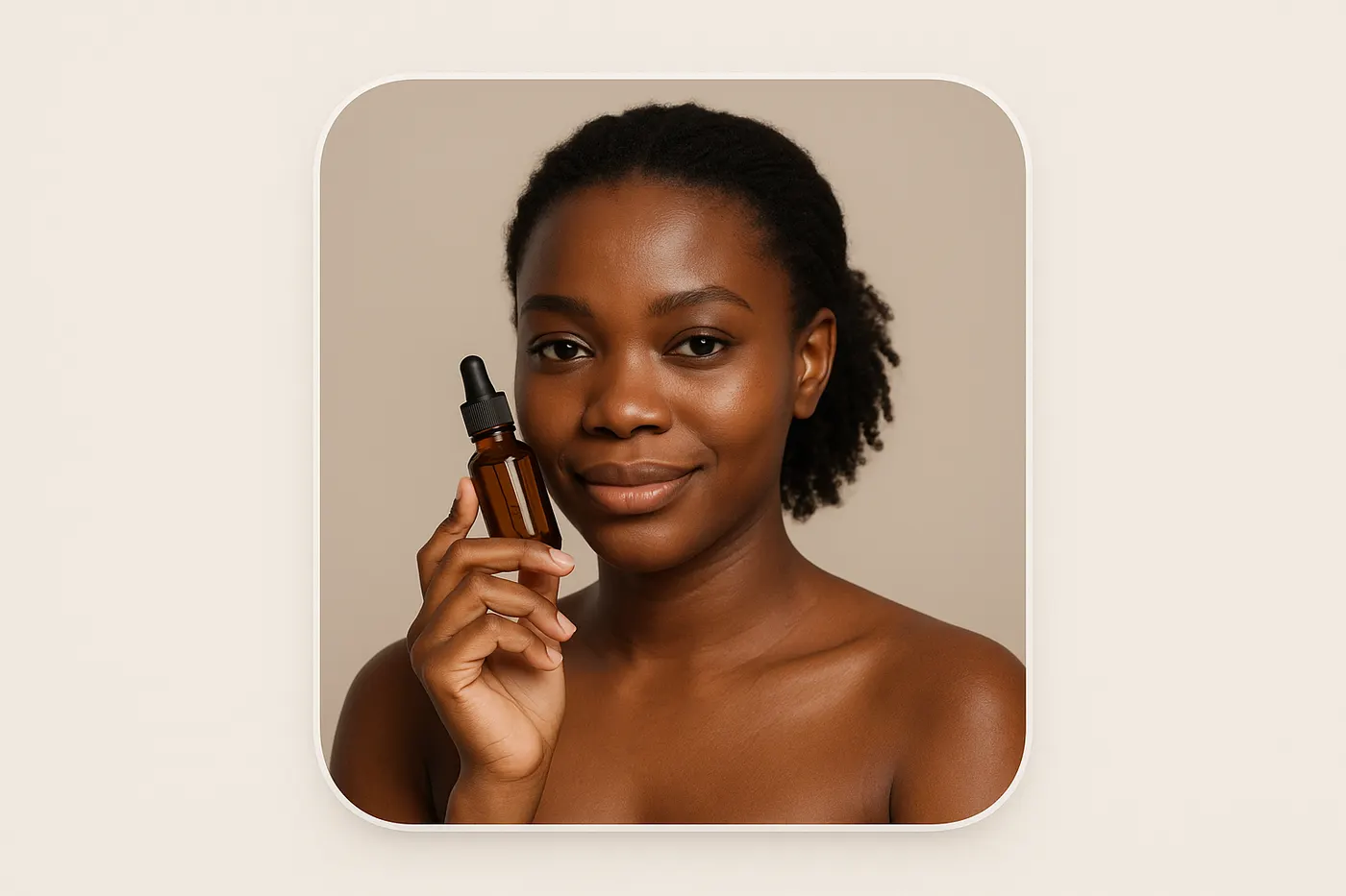 African woman with calm, even-toned skin looking over a guide to fading dark marks