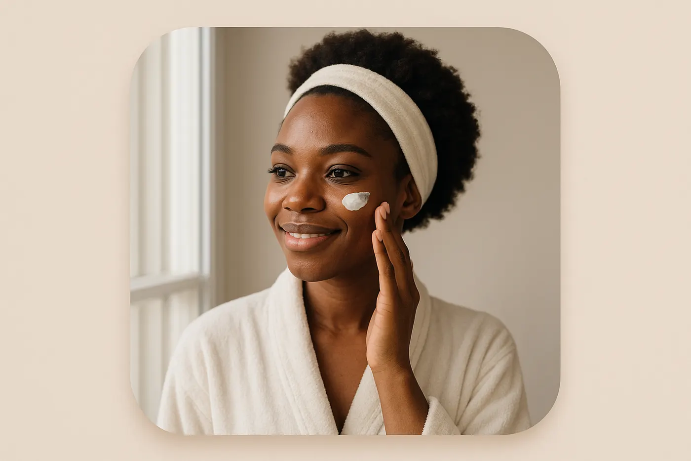 African woman doing her morning skincare routine to fade dark marks