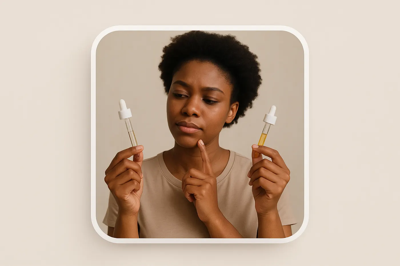 African woman comparing niacinamide and vitamin C serums for dark marks