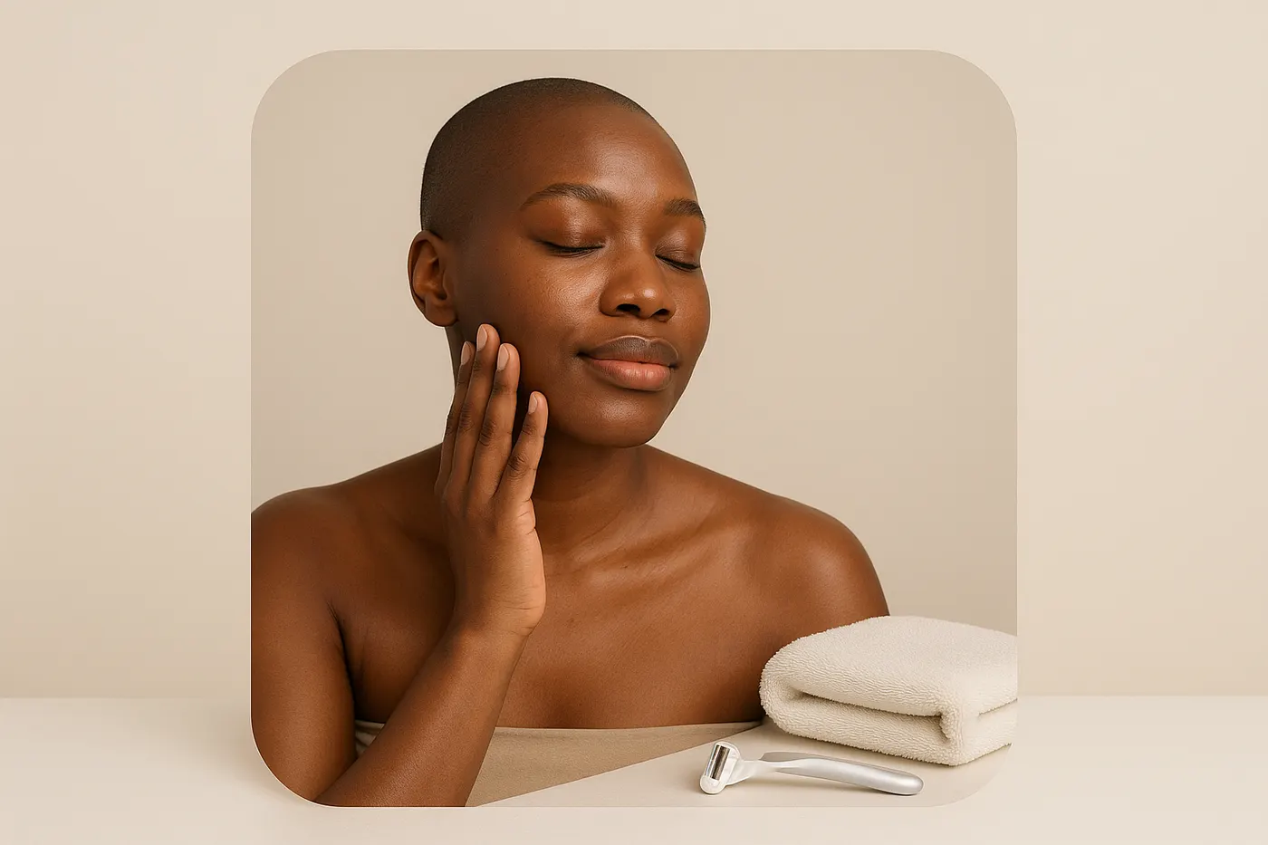 African woman soothing shaving bumps and dark marks on her face