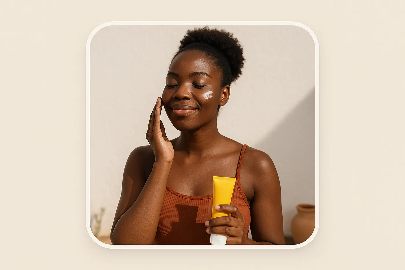 African woman applying sunscreen to protect dark skin from new marks