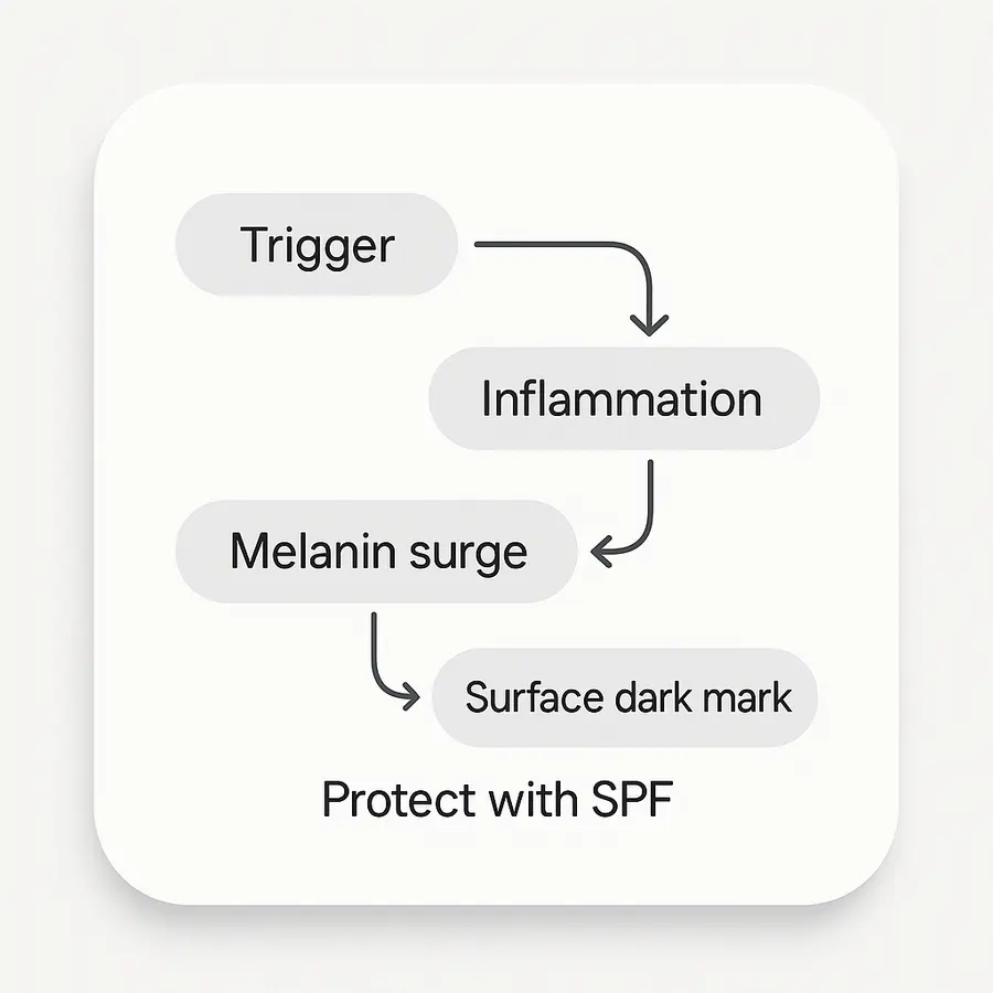 Diagram showing how irritation triggers extra pigment in melanin-rich skin